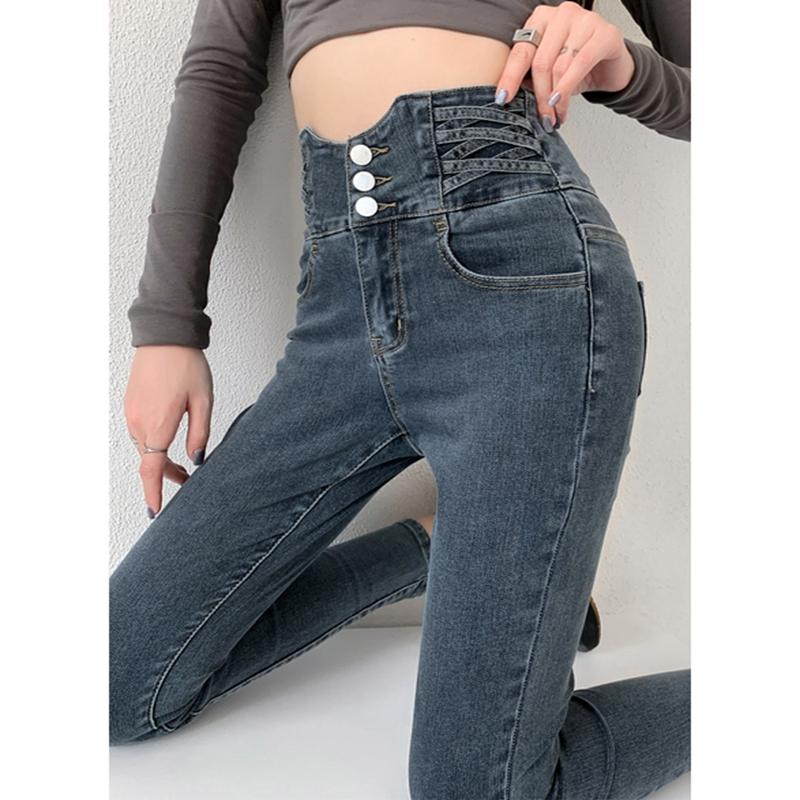 Jeans skinny a matita Quattro bottoni Pantaloni vintage da donna a vita alta slim in denim elasticizzato Pantaloni attillati Pantaloni da donna