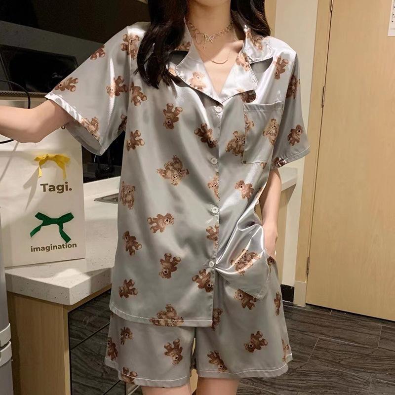 Summer Pajamas Women'S Short-Sleeved Shorts Lapel Cardigan Silk Loungewear Set Full Of Bear Models