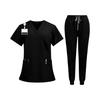Conjunto de Uniforme Quirúrgico para Mujer con Top de Manga Corta y Cuello en V con Bolsillos, Pantalones Largos de Secado Rápido de Color, Uniforme para el Trabajo