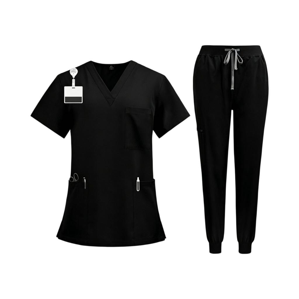 Conjunto de Uniforme Quirúrgico para Mujer con Top de Manga Corta y Cuello en V con Bolsillos, Pantalones Largos de Secado Rápido de Color, Uniforme para el Trabajo