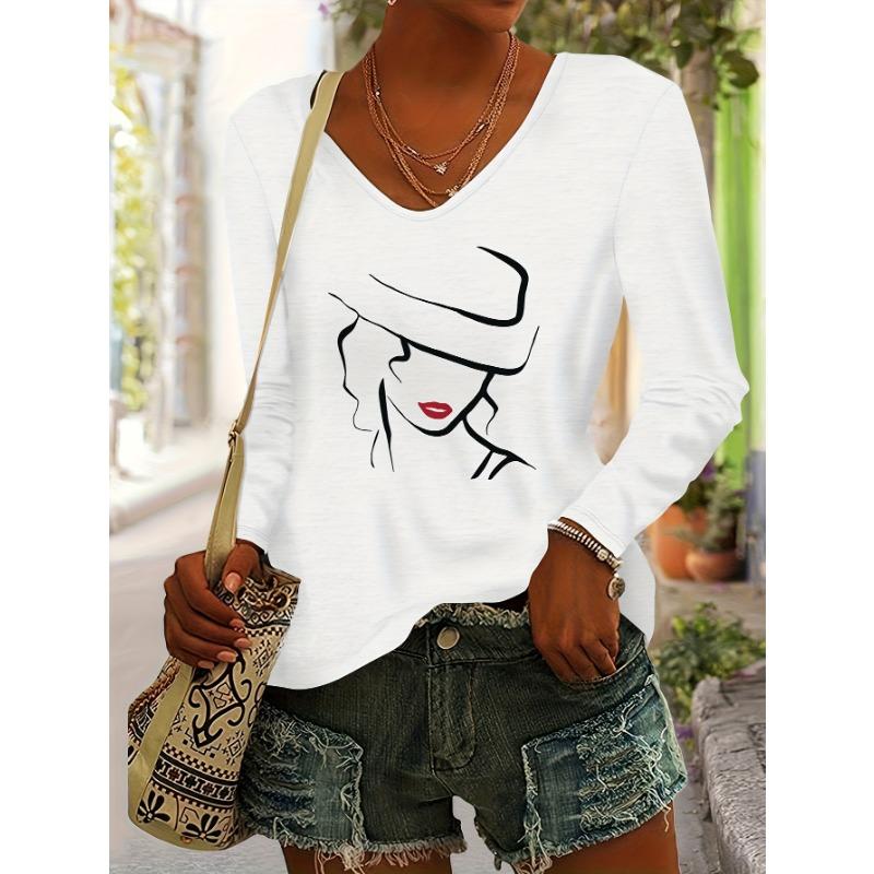Fashionable Women's Autumn/Winter Top, Portrait Pattern Print, Daily Versatile Simple Comfortable Casual Colored V-Neck Long Sleeve T-Shirt