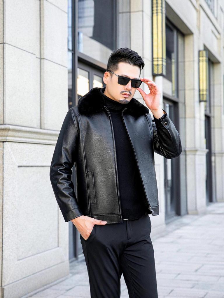 Men's Winter Casual Lapel Leather Jacket with Plus Velvet, Suitable for Middle-aged and Elderly.