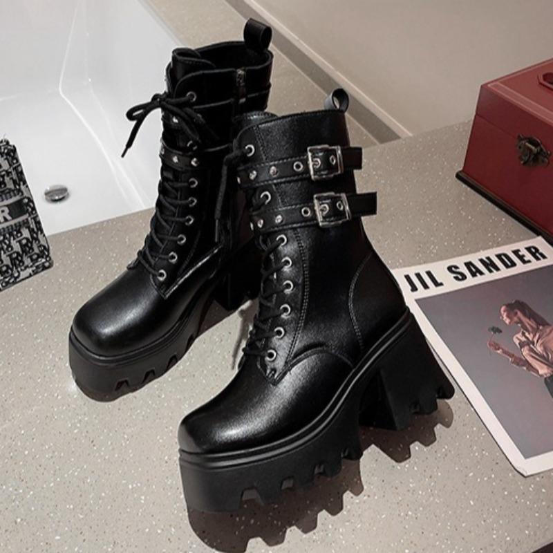 Women's Platform Boots Punk Style Women Mid-calf Boots High Quality Casual Leather Boots for Women Height Increasing Gothic Boot