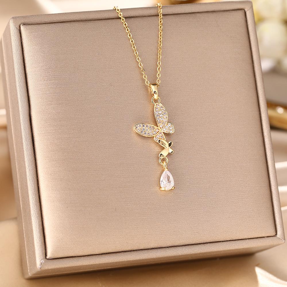 Korean Butterfly Tassel Luxury Diamond Titanium Steel Necklace - Women's Versatile Clavicle Jewelry