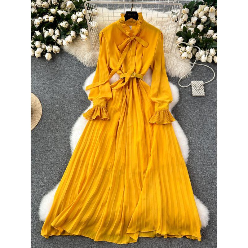 Long Sleeves Dress Spring Women's 2024 New Arrival French Elegant Retro Bows Shoelace Waist-Controlled Large Hem Chiffon Dress