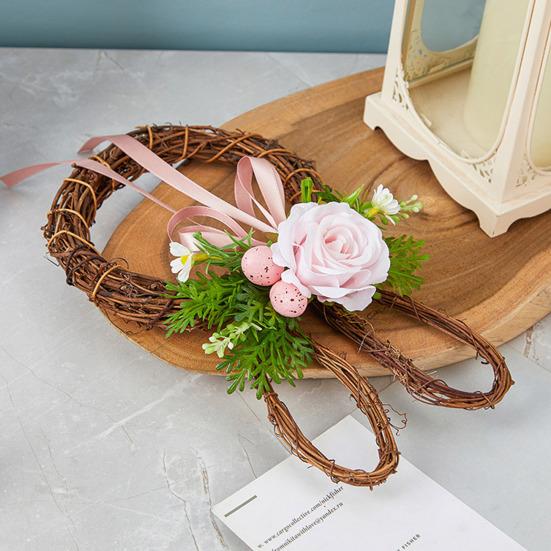 Easter Bunny Wreath with Faux Flowers Rattan Wall Door Hanging Decor for Spring Festival Indoor