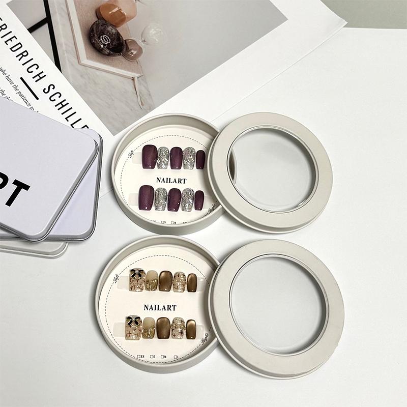 False Nail Press On Wearing Circular Iron Display Box With Display Card Nail Packing Box For Fake Nails Finished Product