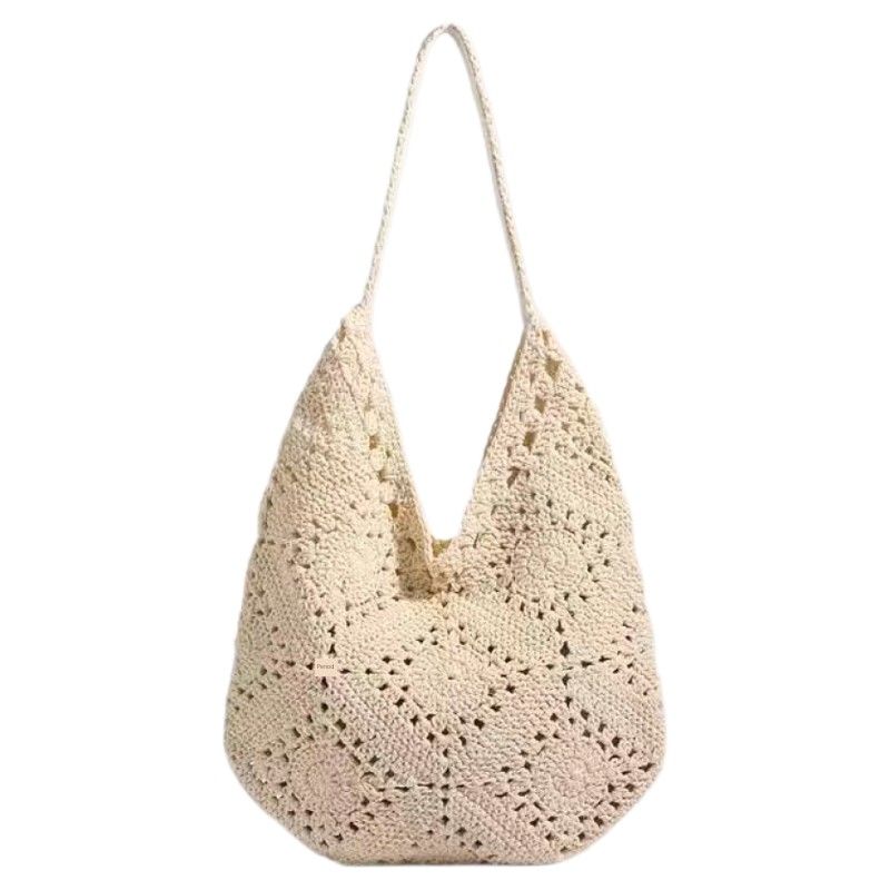 

Beautiful Girl Hand-Woven Bag Artistic Mori look Large Capacity Shoulder Underarm Bag Fashion Casual Seaside Beach Bag Beige White