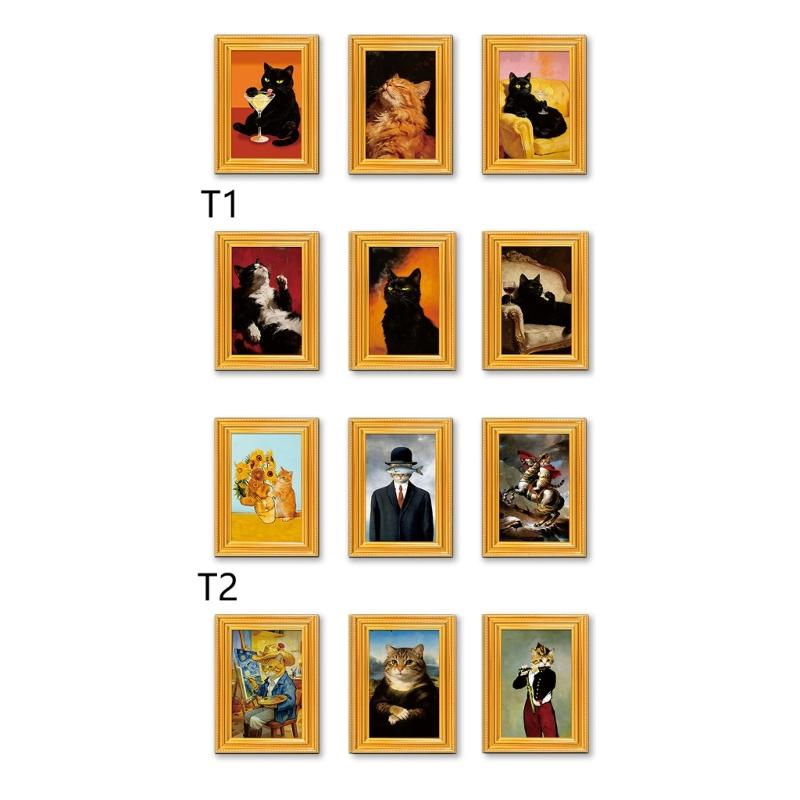 Set of 6 Cute Cats Design Art Print Wooden Frame Magnetic Sticekr for Refrigerator Decors Famous Painting Fridge Magnets