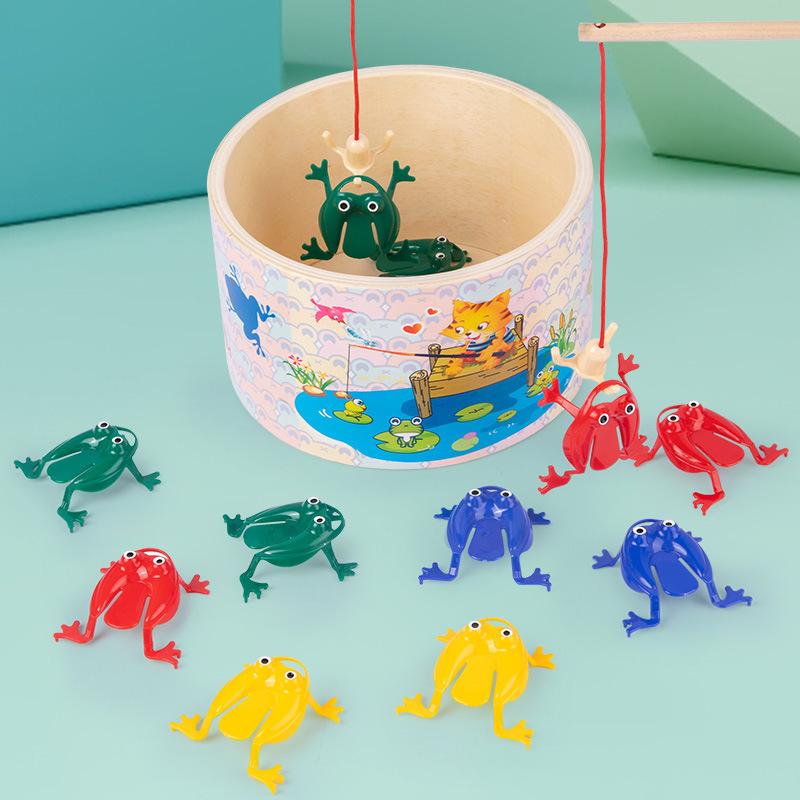 Plastic frog animal bouncing baby toy wooden fence fishing puzzle parent-child interactive game