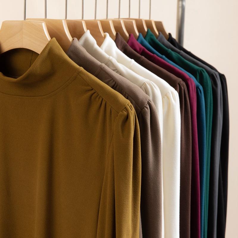 Camisa de Otoño e Invierno para Mujer con Cuello Medio Alto, Volantes en los Hombros y Bajo, Top Ajustado de Manga Larga