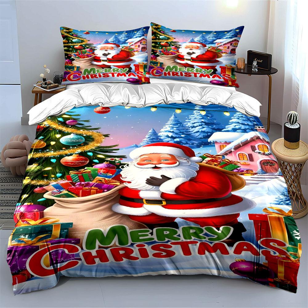 Santa Claus Merry Christmas Scene Bedding Duvet Cover Set Duvet Cover Pillowcases  (1*Duvet Cover 2*Pillowcases, Without Duvet Insert)
