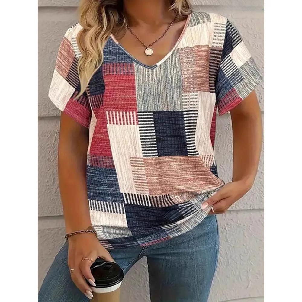Summer Women Grid Stripe V Neck Casual Fashion Tops Comfortable Loose Short Sleeve Female T-shirt