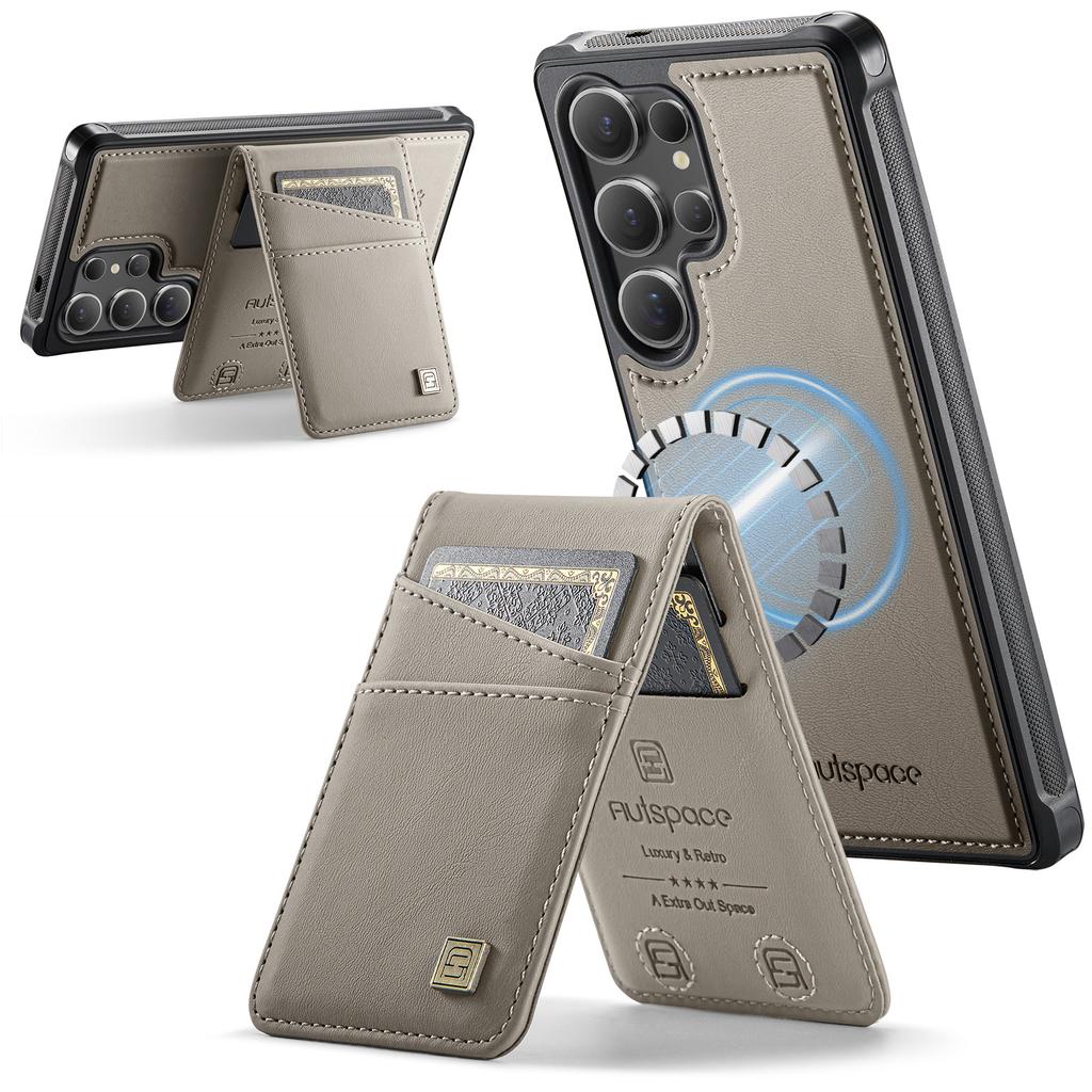 For Samsung Galaxy S25 Ultra Case AUTSPACE A12 Leather Back Cover with Magnetic Detachable Card Bag Kickstand