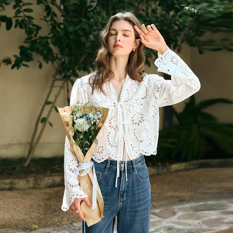 

Olrain Olrain Milky White Chiffon Shirt Women s Spring 2025 New Arrival Hollow Lace Long Sleeves Shirt Cream White XL