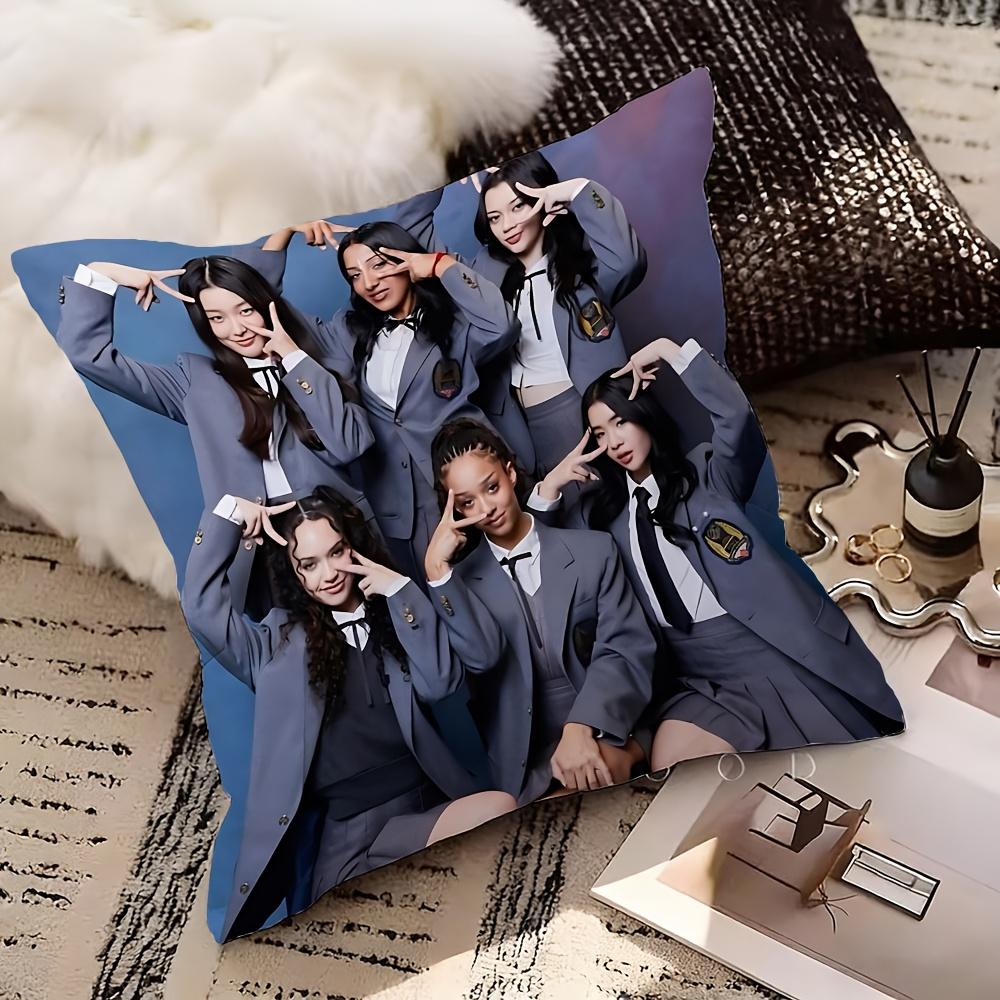 1pc KATSEYE Kpop Girl Group Pillow Cover, Polyester 2D Double-Sided Print, School Uniform Group Photo Art, Fan Home Decor Gift