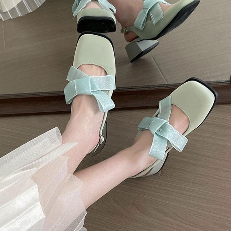 

Туфли на высоком каблуке с юбкой, толстый каблук, сумка-голова, средний каблук, туфли Мэри Джейн, женские летние 2025, новые красивые французские сандалии 40 светло-зеленый