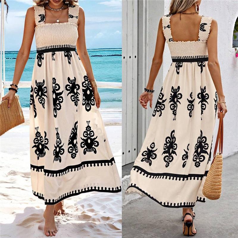 Summer New Style Women's Ladies Dress Printed Front Cross Sleeveless Loose Casual Beach Dress