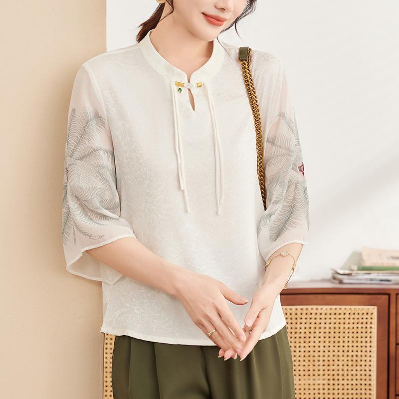 Mom's Stylish Chinese Stand Collar Chiffon Top for Spring/Summer - Seven-Sleeve Blouse for Middle-Aged & Elderly Women