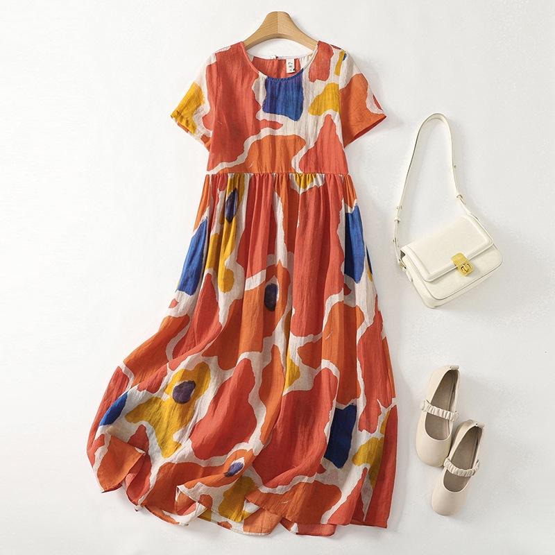 

2025 весна и лето новое повседневное хлопково-льняное платье с принтом женское свободное простое с круглым вырезом и коротким рукавом платье с большой юбкой 2XL