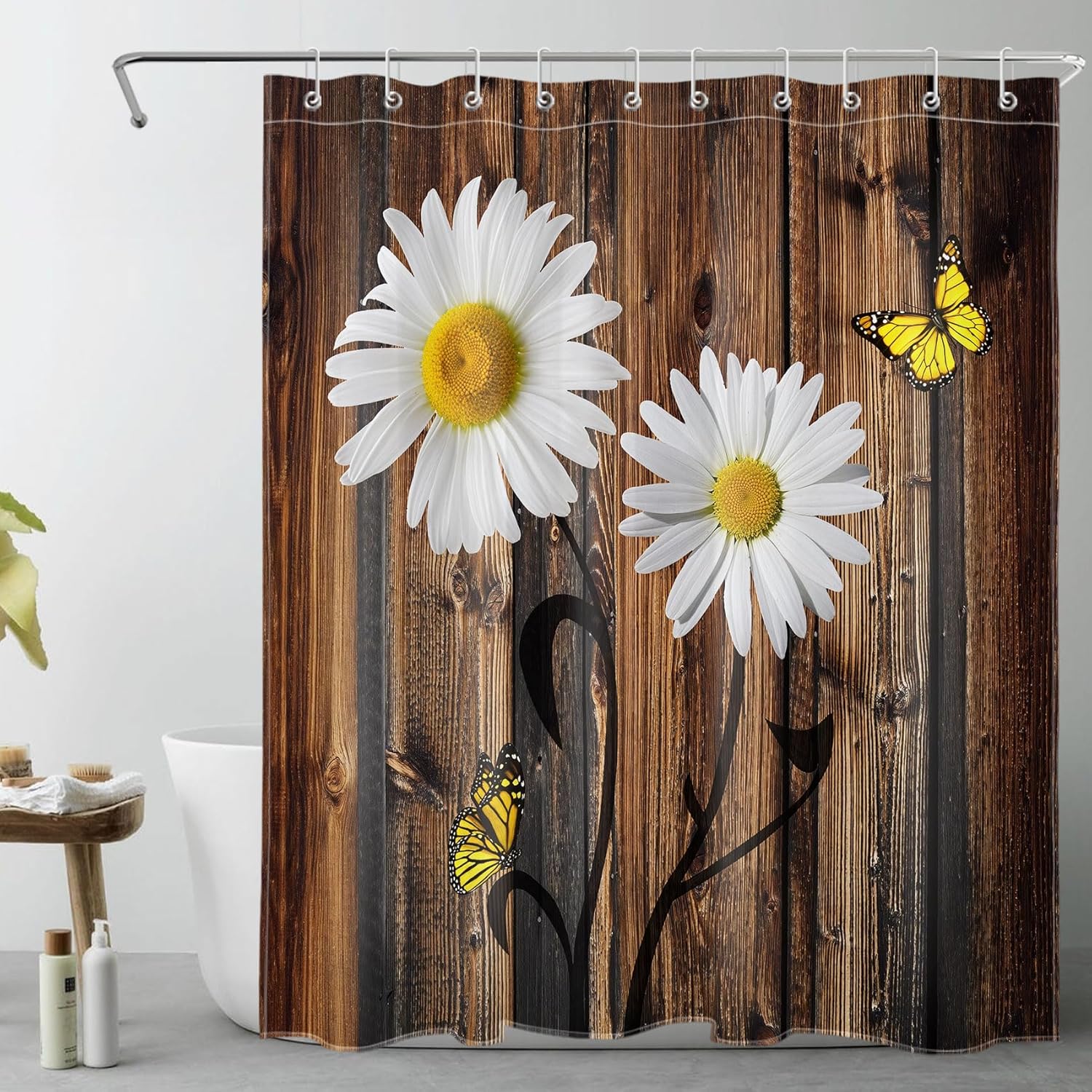 Daisy Flower Shower Curtain Wooden Background Butterfly Design Rustic Farmhouse Style Bath Decor Waterproof Fabric Nature Theme 90x180cm35x71in