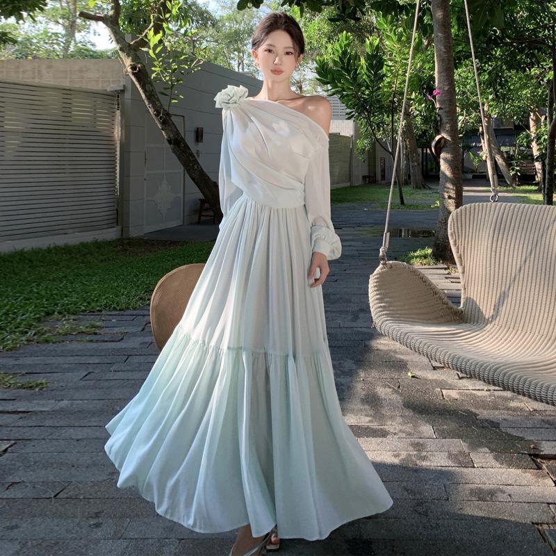 French Temperament High-end Vacation One-word Collar Mint Green Spring and Summer Dress Sunscreen