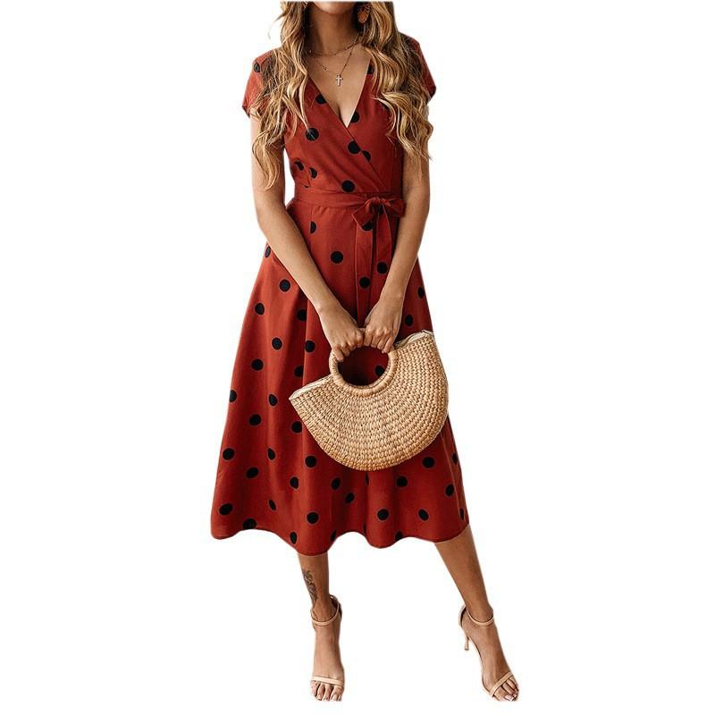 Fashion Casual V-neck Printed Polka Dot Lace Dress Women M красный