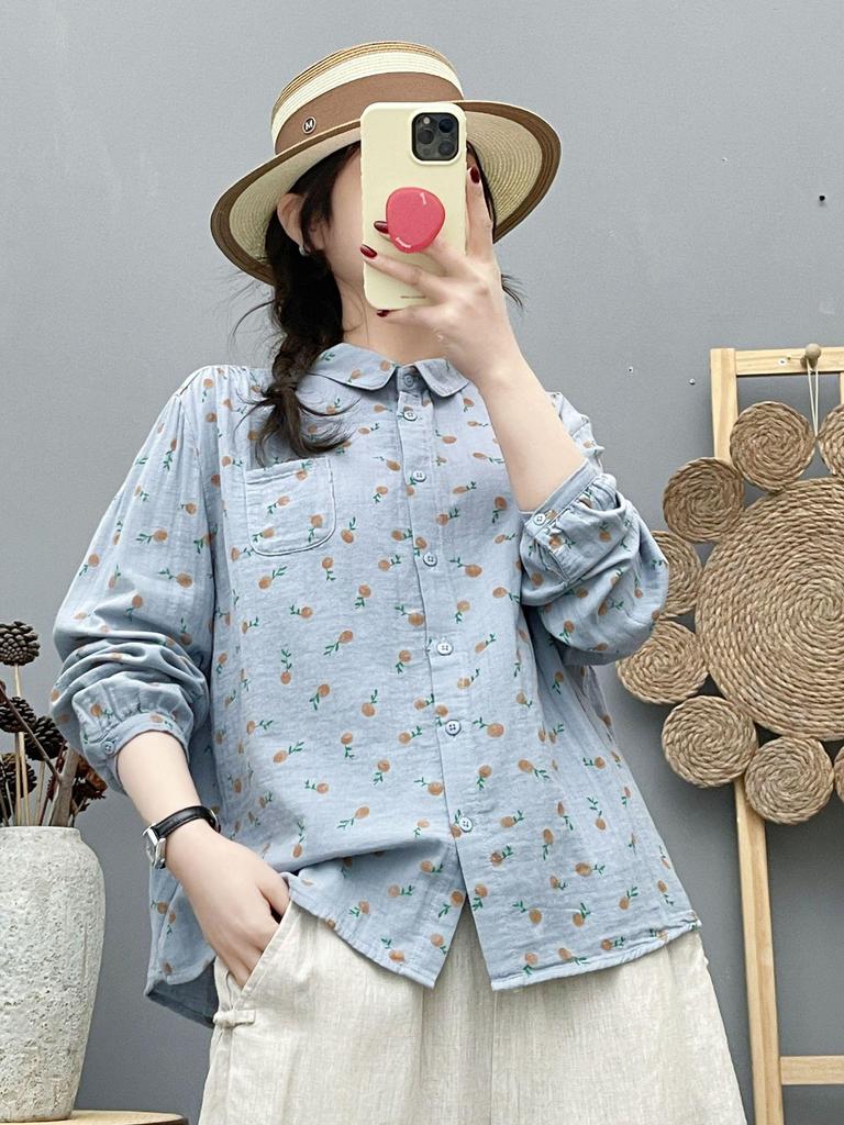 Women's Literary Floral Double-Layer Cotton Gauze Long-Sleeved Shirt - 2026 Spring Collection