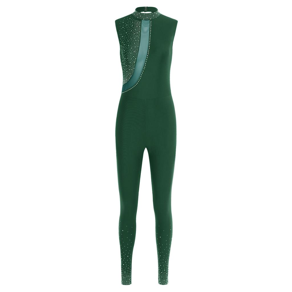 Dámské gymnastické body bez rukávů s výkrojem na zádech, třpytivými kamínky, unitard kombinéza na jógu a soutěže