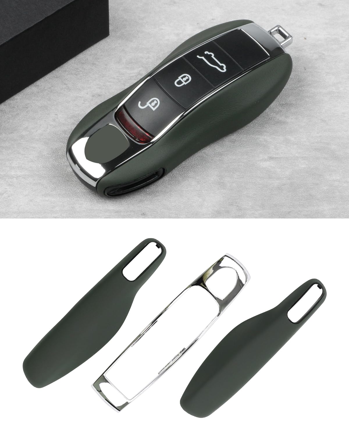 

Leather key key car key protector for Porsche 718 case, cover, Macan, Cayenne, Panamera, 911, Boxster, Cayman, (Midnight Green)