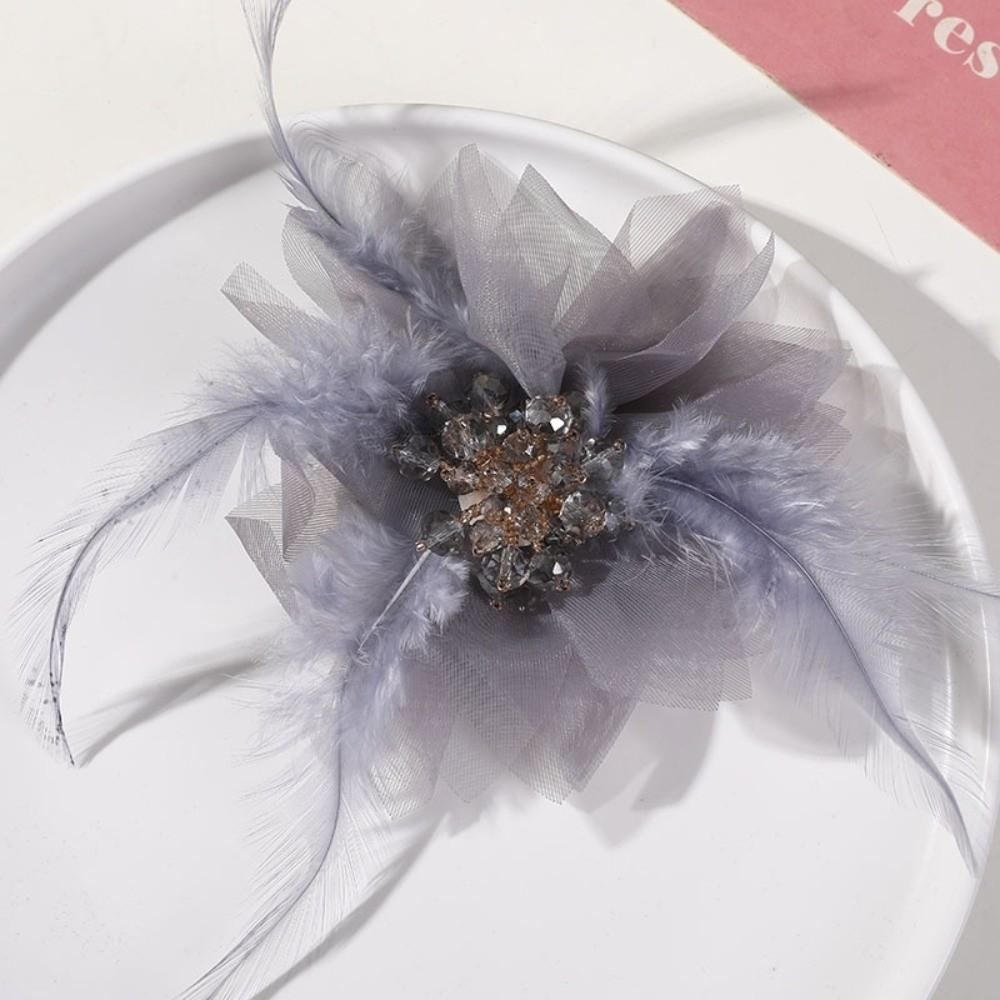 Handmade Feather Brooches Exquisite Pearl Crystal Flower Corsage Hair Accessories Lace Artificial Flower for Pin