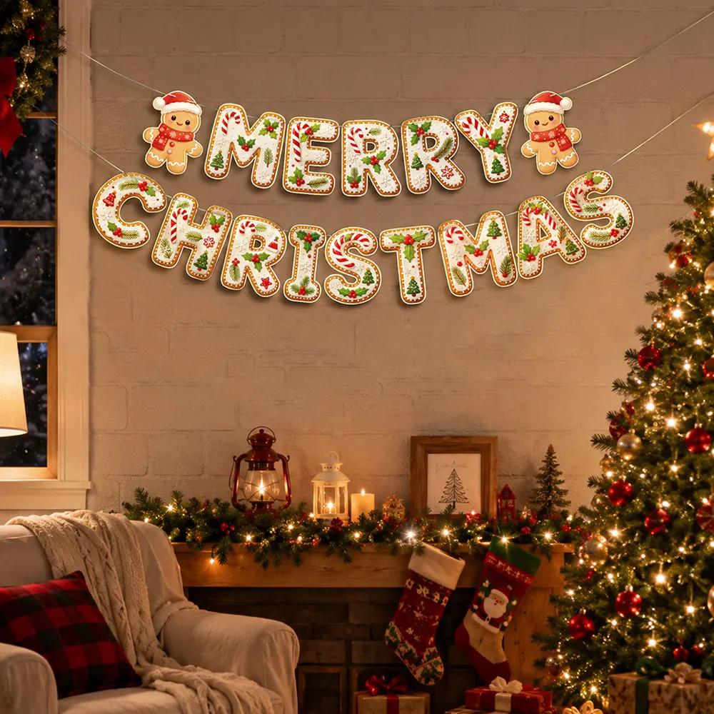 Runt 1pc Gingerbread Man Christmas Banner, Merry Christmas Decor for Home , 2026 Xmas Gifts ,Navidad