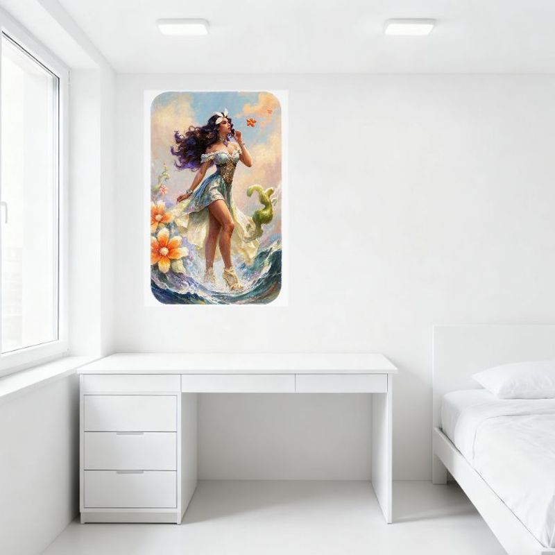 Sexy Purple - Haired Woman Off - Shoulder Dress Tin Sign Vintage Metal Wall Decor for Bar Pub Home Fantasy Ocean Waves Art Metal