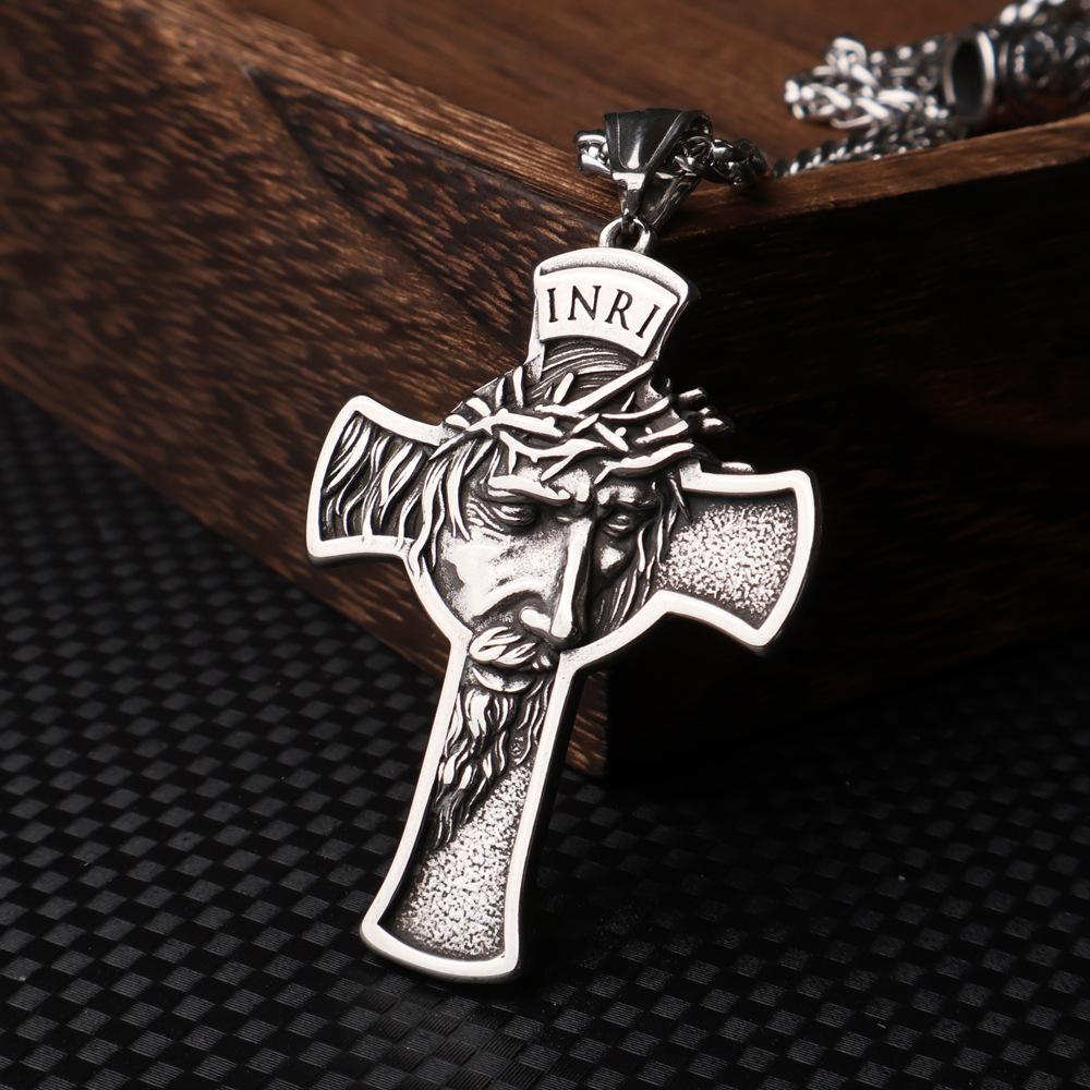 Vintage Stainless Steel Cross Necklace Pendant Portrait Titanium Steel Jewelry Hip Hop Style
