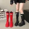 Rote Lederstiefel mit dicker Sohle, Absatz erhöhend, hoher Schaft 0000 Neue Mode, vielseitig, aber Knie-Reisestiefel, Ritterstiefel