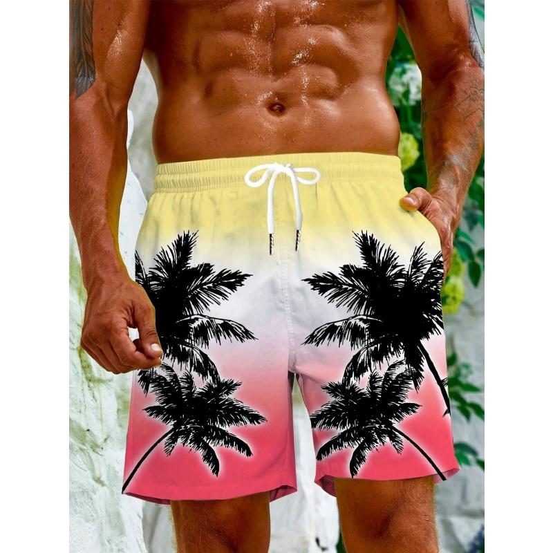 3D Printed Coconut Trees Umbrella Short Pants For Men Colorful Stripes Beach Shorts Summer Hawaiian Board Shorts Swim Trunks