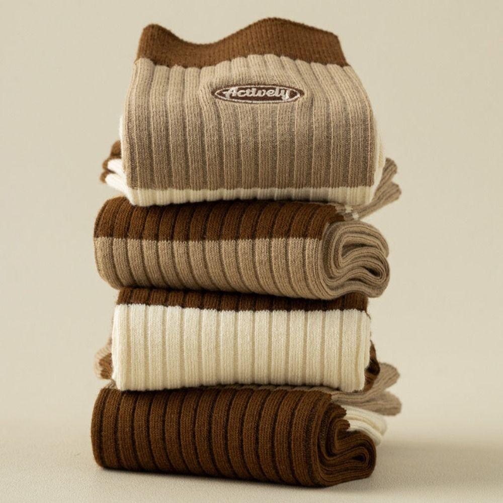 5Pairs Soft Stripe Tube Socks Breathable Mid-calf Socks Women's Cotton Socks  for Four Seasons