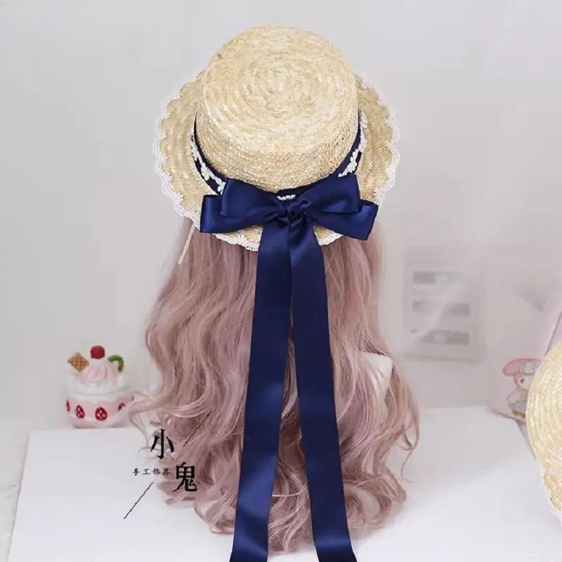 Small Sweet Lolita Straw Hat Lolita Princess Lace Bow Ribbon Straw Hat Women Girls Summer Straw Hats Beach Sun Hat