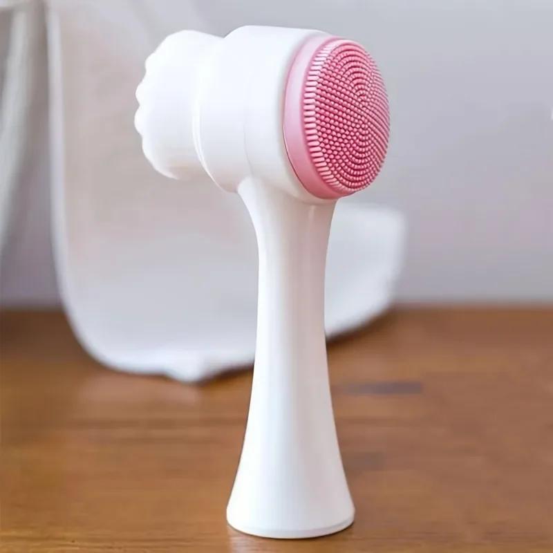 1Pc Double-sided Silicone and Soft Bristle Face Wash Brush Facial Exfoliation Pores Deep Cleaning Brush