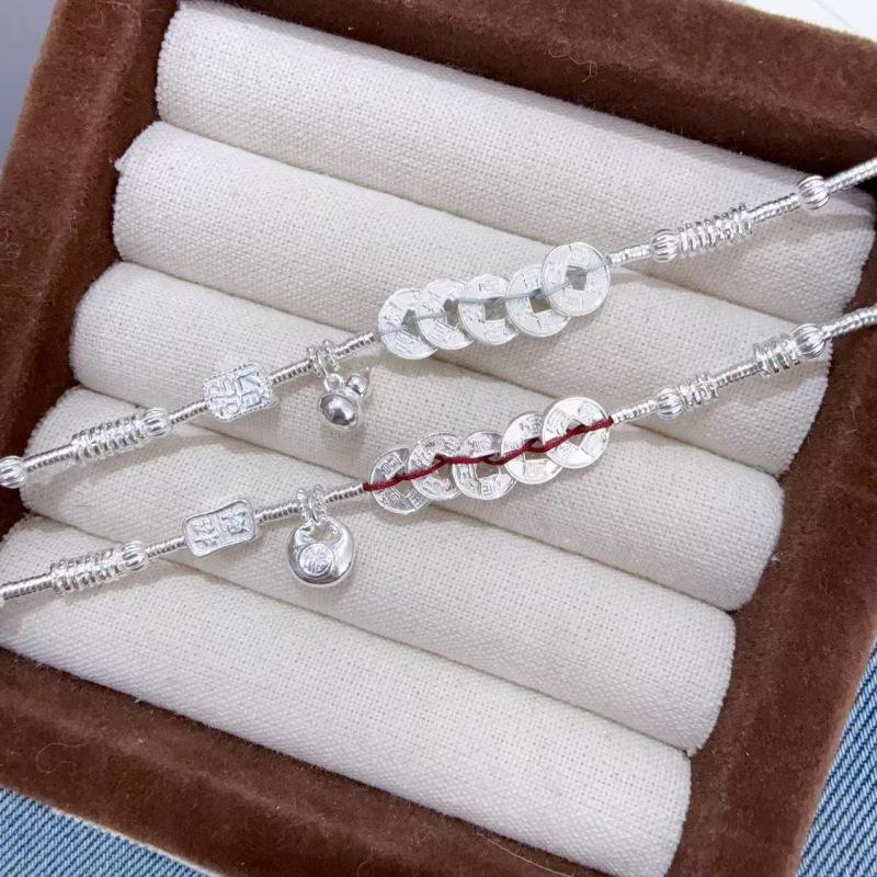 

Exquisite Chinese Style 999 Pure Silver Five Emperors Coin Bracelet with Gourd and Auspicious Blessings - Perfect Gift for Women 999 Silver світло-синій колір