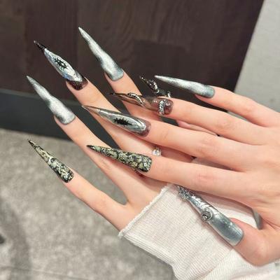 Long Stiletto Press On Nails Full Cover Fake Nails with Designs Glossy Tips Almond False Nails Acrylic Glue On Nails Reusable Stick On Nails for Women