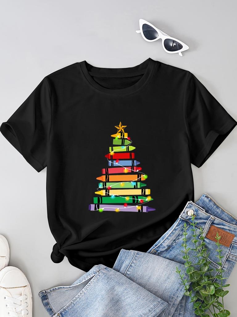 Sleeve TShirt for Women Casual Crew Neck Christmas Crayon Tree Light Teacher Gift Student Graphic Harajuku Short Sleeve Casual