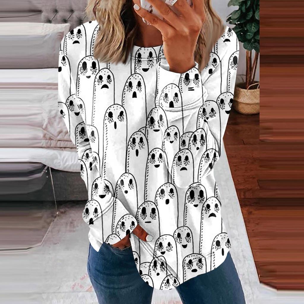 Blusa de algodón con cuello redondo para mujer, informal, a la moda, con estampado de Halloween, manga larga, cuello redondo, blusa superior