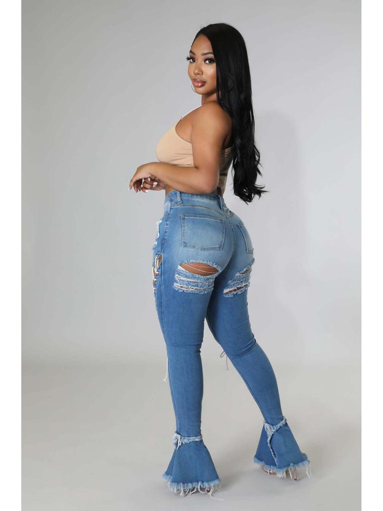 Pantaloni di Jeans a Zampa Vita Media Retro Strappati con Occhielli e Fasce Europei & Americani