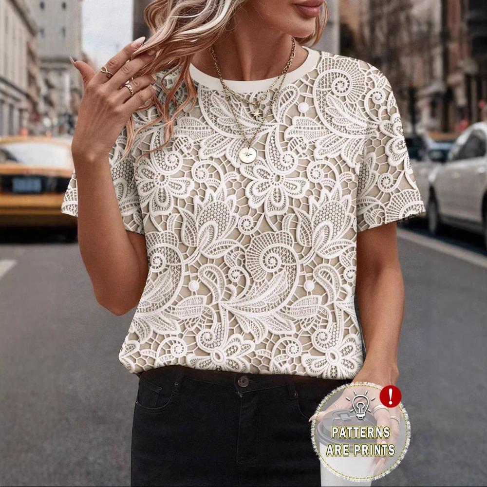 Women's Round Neck Short Sleeve Tee Regular Fit Elegant Casual Top Lace Floral Print Fashion Blouse