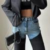 Streetwear Vintage Spliced Slim Jeans Women Y2K Fashion High Waist Straight Denim Pants Casual Distressed Washed Jeans