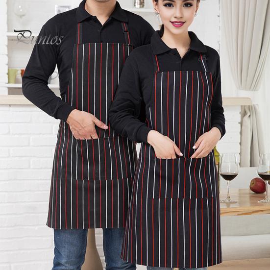 Oil-proof Chef Apron Waterproof Cleaning Bib Stripe Design Adjustable Polyester Cotten with Tool Pockets Wear-resistant for Men Women Oil Stain