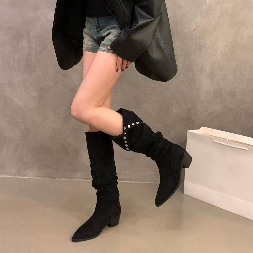 High Heel Coffee Suede Pile Medium Cycling Boots Shoes 2025 Winter Pointed Skinny Long Boots