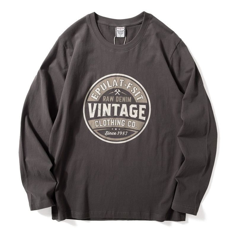 Long-Sleeved T-Shirt for Men 2025 Autum New Style American Retro Printed Pure Cotton Brushed T-Shirt Round Neck Casual Bottoming Shirt