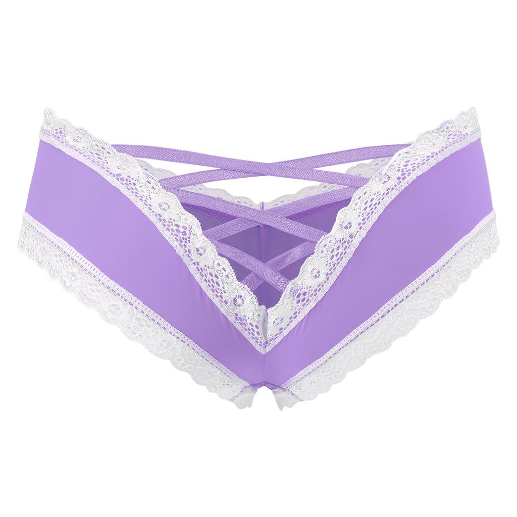 LittleForBig Women's Sissy Panties with Cross Straps, Lace, and V-Back, Purple, Size L